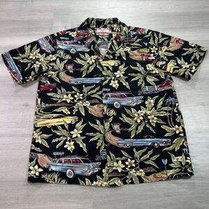 RJC Hawaiian Aloha Shirt Mens Large Black Classic Cars Floral Made in Hawaii USA